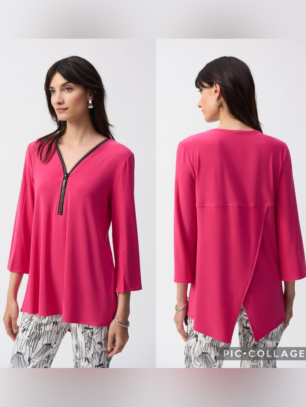 Joseph Ribkoff Fit and Flare zip front geranium pink and black tunic size 8